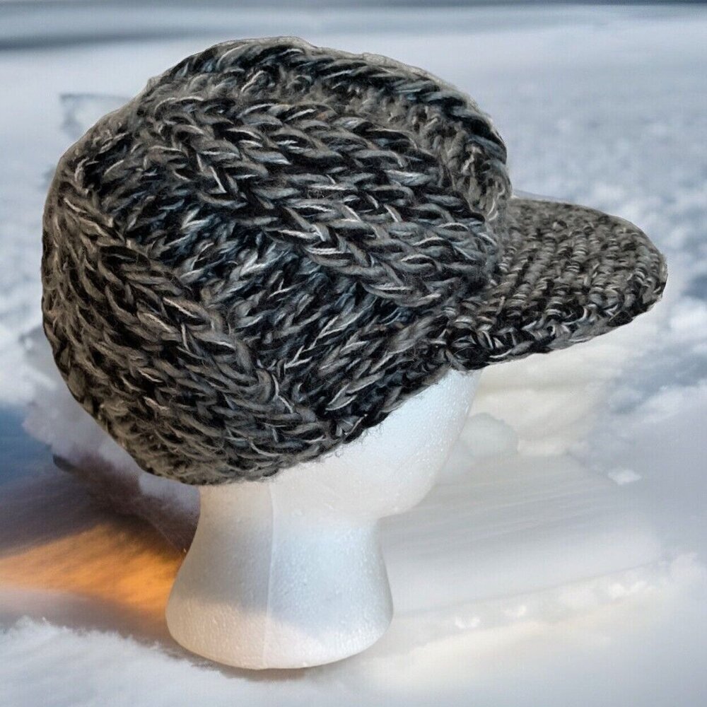 Vintage Chunky Knit Gatsby Newsboy Cap Hat Beanie Groovy Black Heather 70s